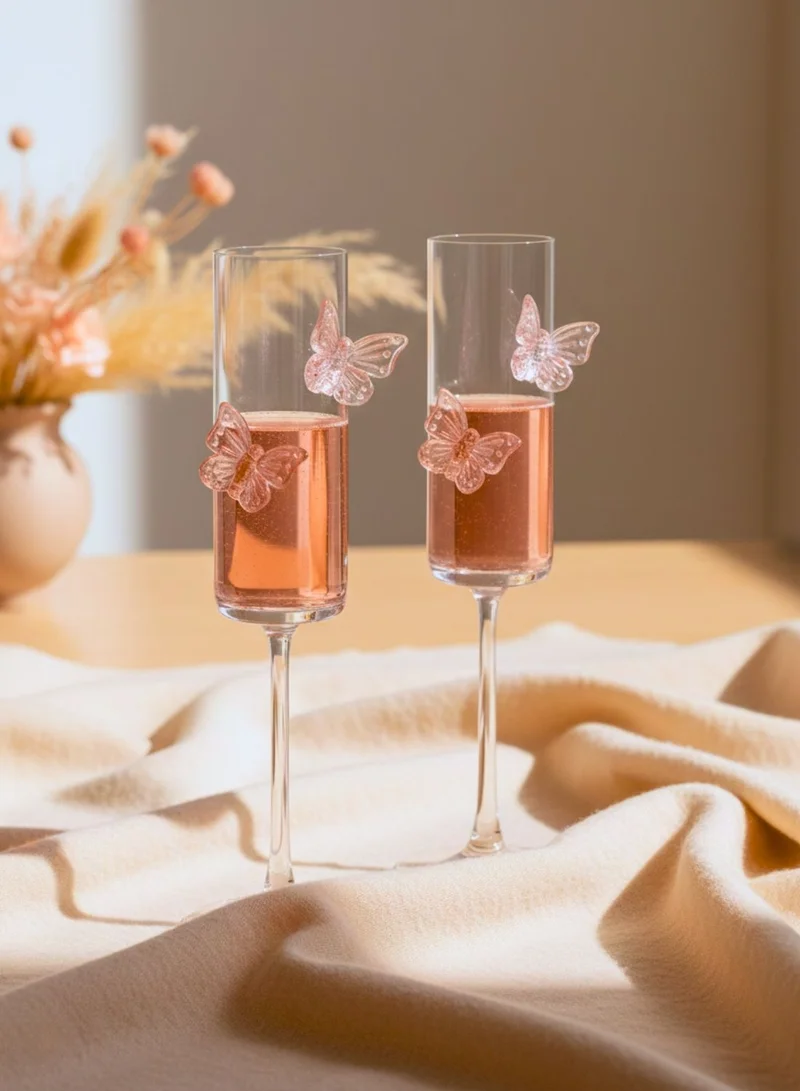 1Chase  Butterfly Champagne Glass Set of 2, Flute Shape Wine Glasses with Pink Butterfly Design, 180ML Elegant Glassware for Red & White Wine, Champagne & Sparkling Drinks  | Best Price UAE
